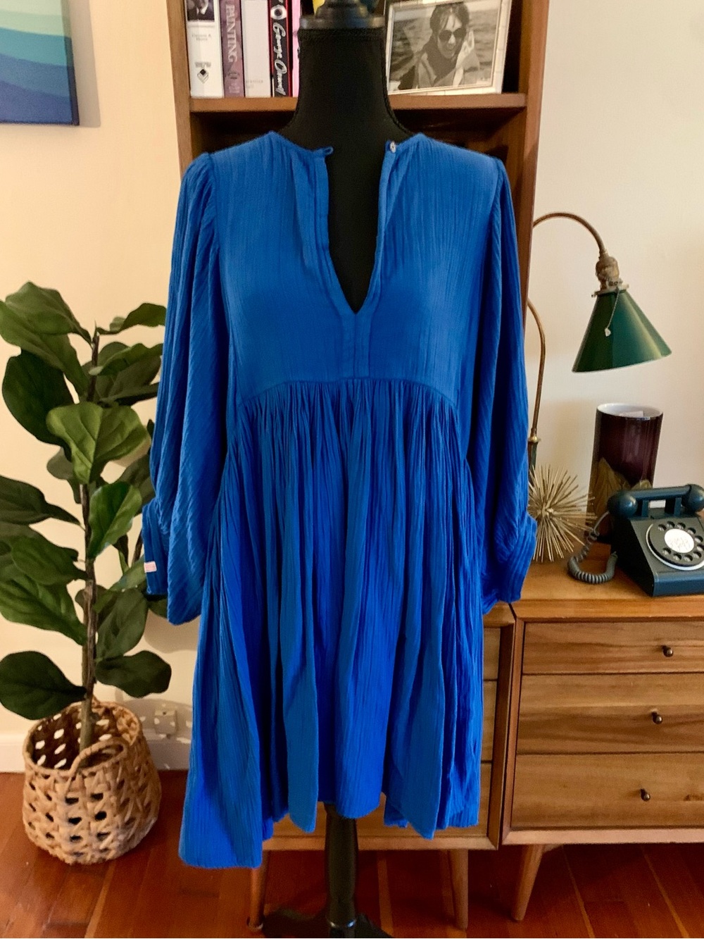 Sundry Cobalt Pleated V-Neck Tunic Dress